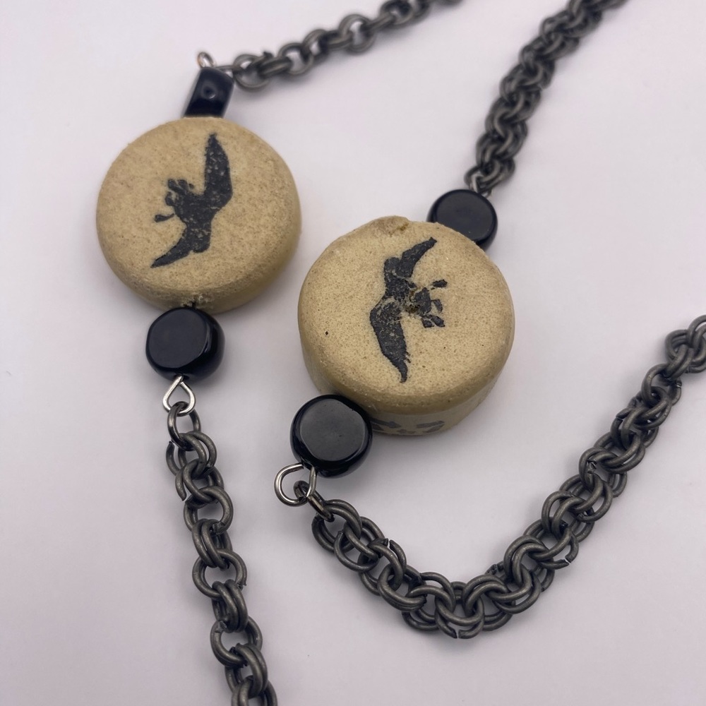 OOAK Handmade Necklace up cycled sliced wine corks long chain geese feather